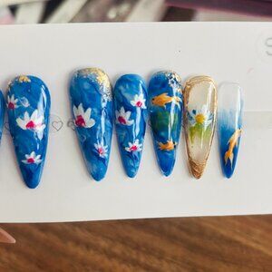 NEW Koi Pond Relax Zen Garden Vacation Handmade Press On Nail Set Acrylic Nails